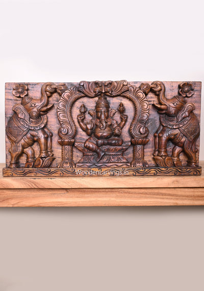 Arch Pillar Design Lord Ganesh With Standing Upraised Elephants Horizontal Wooden Wax Brown Wall Panel 25"