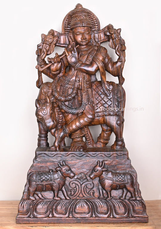 Wooden Lord Krishna Sculpture 34"