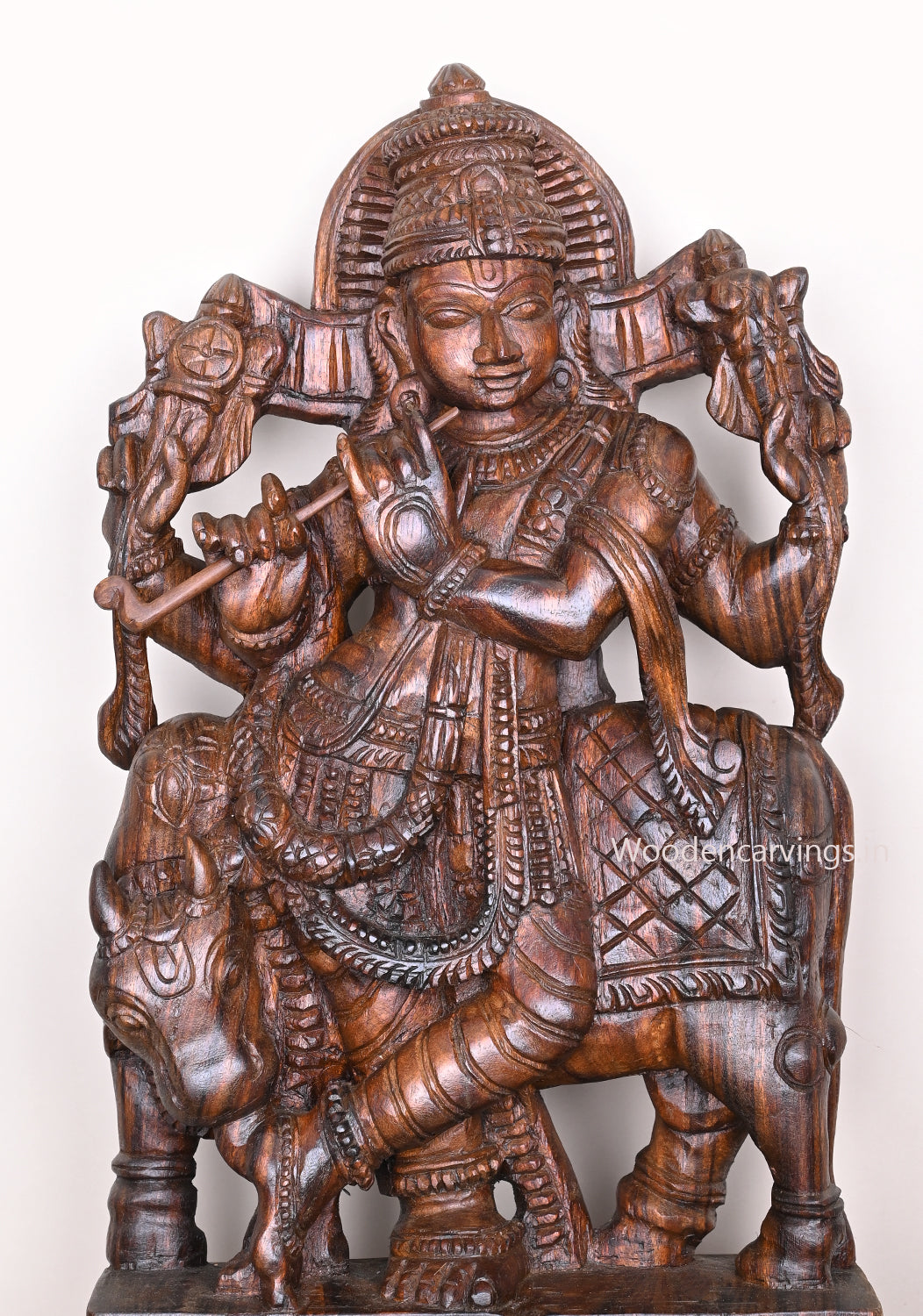 Wooden Lord Krishna Sculpture 34"