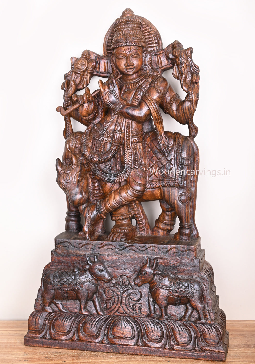 Wooden Lord Krishna Sculpture 34"