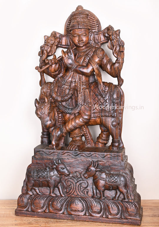 Wooden Lord Krishna Sculpture 34"