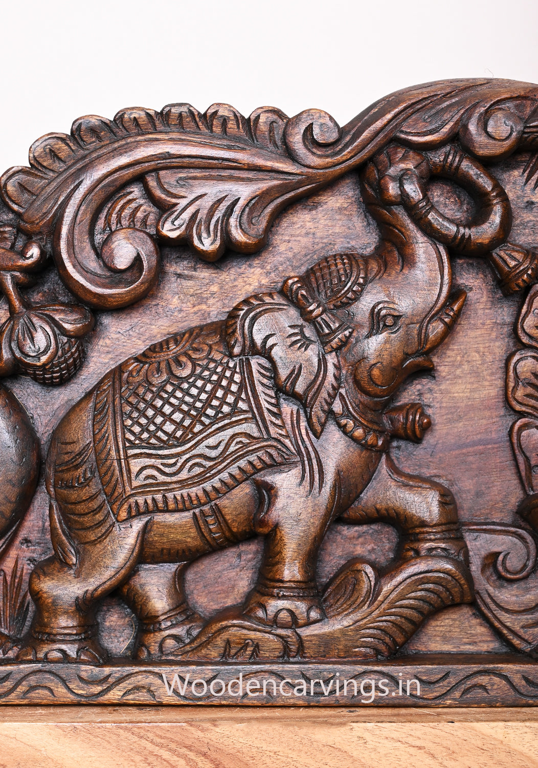 Arch Round Petal Design Wealthy Gaja Lakshmi With Hamsa (Annapakshi) Wooden Wax Brown Finishing Horizontal Wall Panel 42"