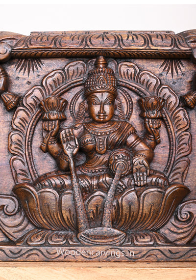 Arch Round Petal Design Wealthy Gaja Lakshmi With Hamsa (Annapakshi) Wooden Wax Brown Finishing Horizontal Wall Panel 42"