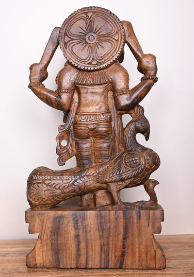 Lord Murugar Blessing Abhaya Mudra With Vahana Peacock Blessing Wax Brown Standing Sculpture 24"