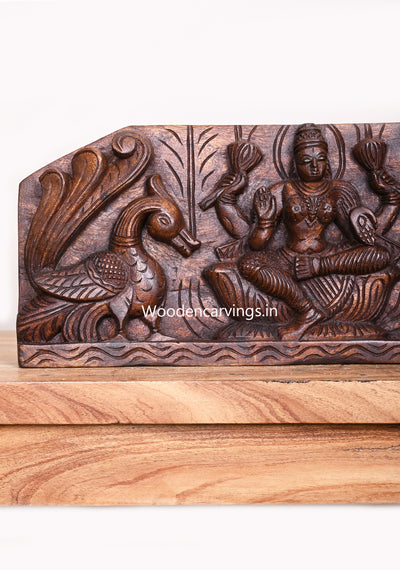 Horizontal Lord Ganesh With Goddess Lakshmi and Saraswathi Hamsa Sevagars Wooden Wax Brown Wall Panel 36"