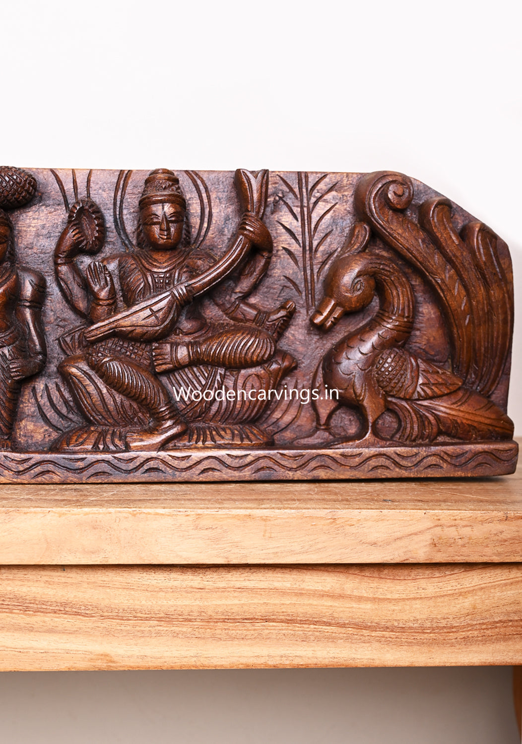 Horizontal Lord Ganesh With Goddess Lakshmi and Saraswathi Hamsa Sevagars Wooden Wax Brown Wall Panel 36"