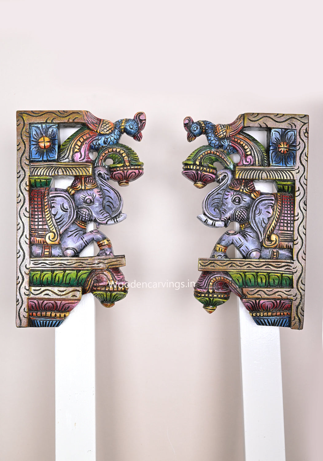 Wooden Grey Elephants With Parrots Hooks Fixed Wall Decor Multicoloured Hooks Fixed Wall Brackets 15"