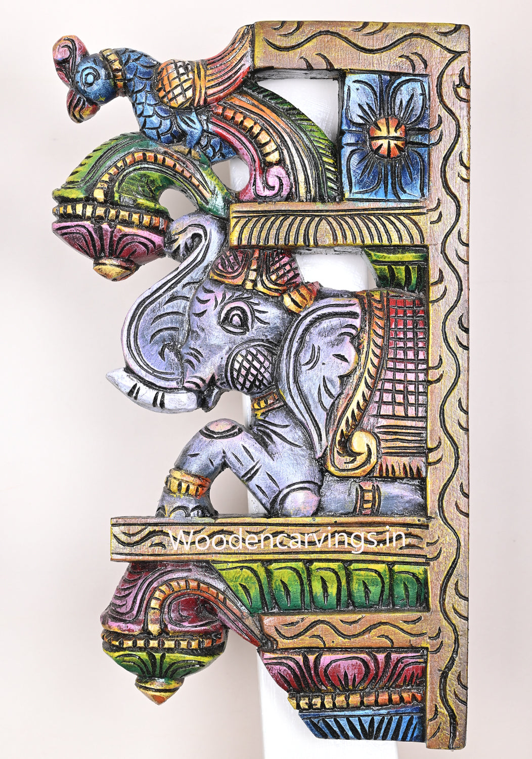Wooden Grey Elephants With Parrots Hooks Fixed Wall Decor Multicoloured Hooks Fixed Wall Brackets 15"