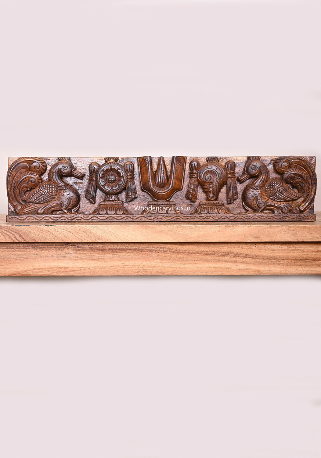 Wooden Horizontal Chanku Nama Chakra With Hamsa Bird (Annapakshi) Hooks Fixed Wall Panel 24"