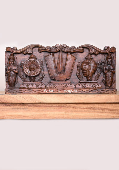 Wooden Light Weight Chanku Nama Chakra With Lord Hanuman and Garudar Horizontal Wall Panel 18"
