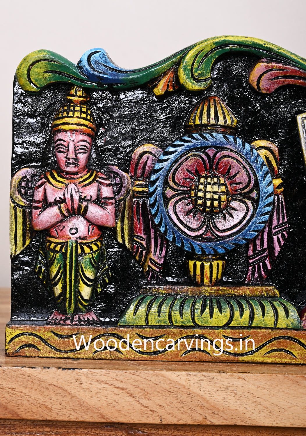 Coloured Chanku Nama Chakra With Green Hanuman and Garudar Horizontal Wooden Wall Panel 19"