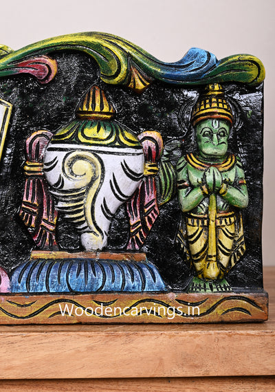 Coloured Chanku Nama Chakra With Green Hanuman and Garudar Horizontal Wooden Wall Panel 19"