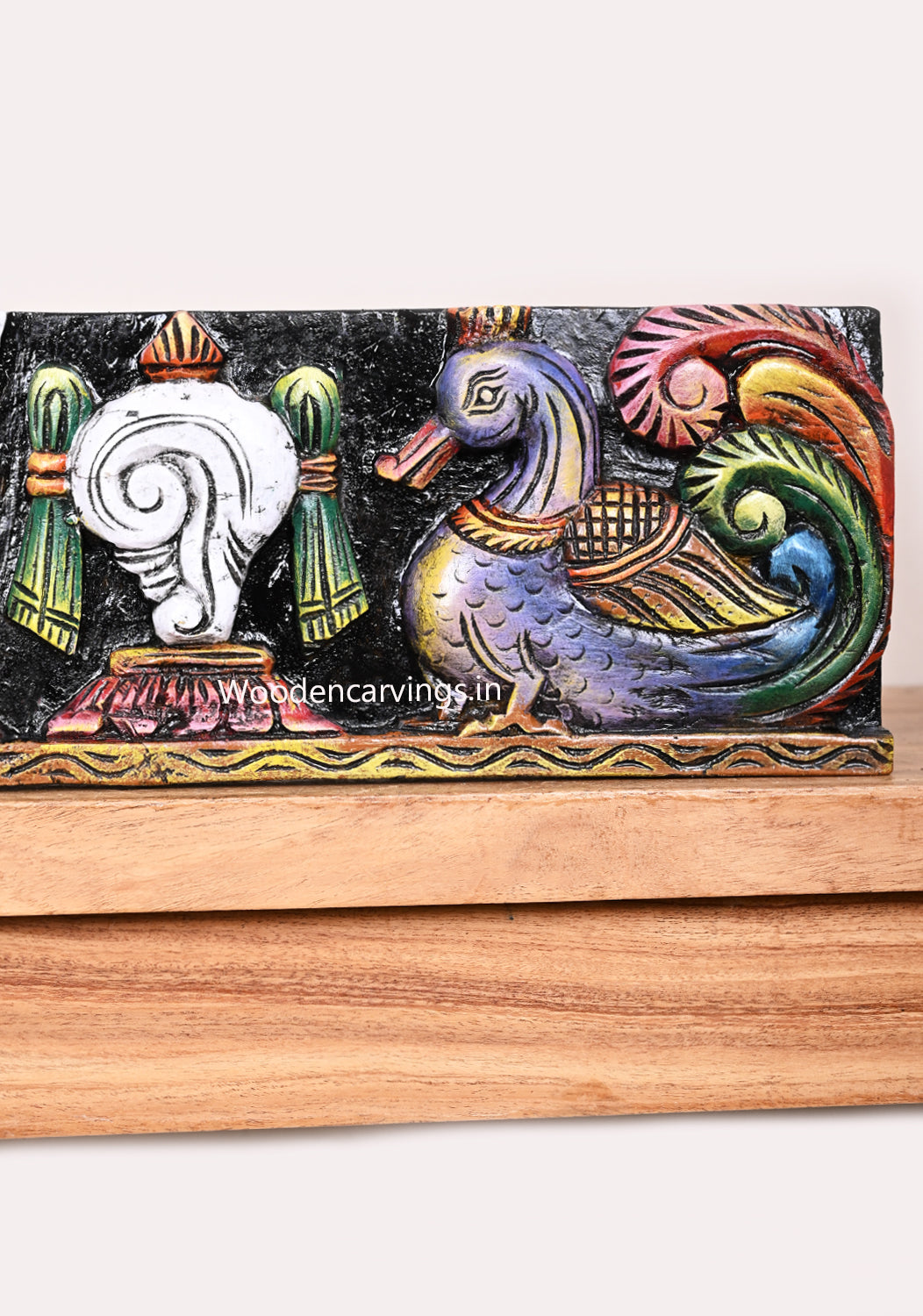 Wooden Hamsa Bird Designed Lord Balaji's Thirunamam and Conch and Chakra Horizontal Multicoloured Wall Panel 24"