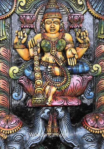 Goddess Maha Lakshmi With Grey Elephants Wooden Unique Floral Designed Vertical Wall Mount 15"