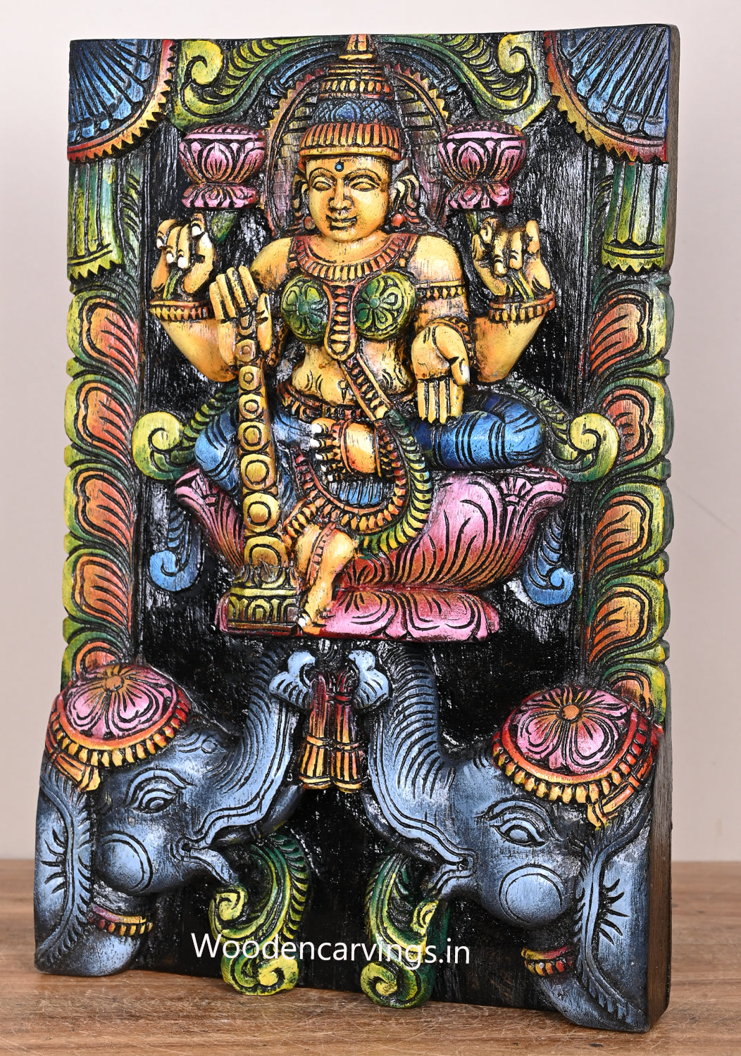 Goddess Maha Lakshmi With Grey Elephants Wooden Unique Floral Designed Vertical Wall Mount 15"