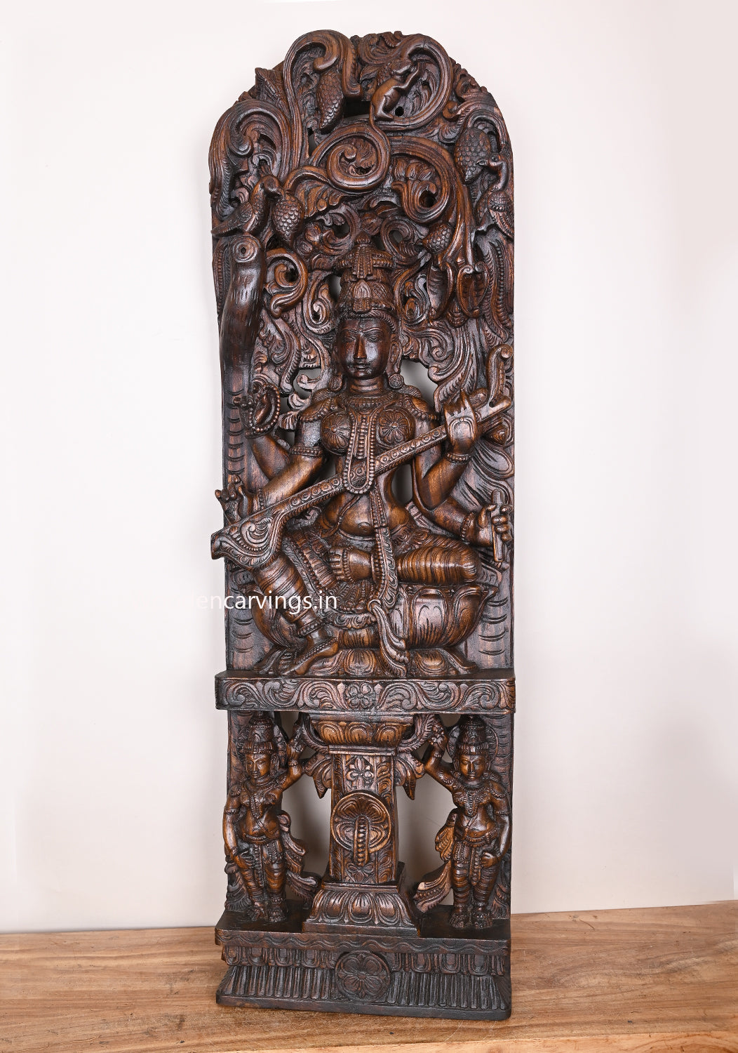 Detaily Carved Jali Work Of Goddess Saraswathi With Large Veena Decorative Home Decor Wall Mount 48"