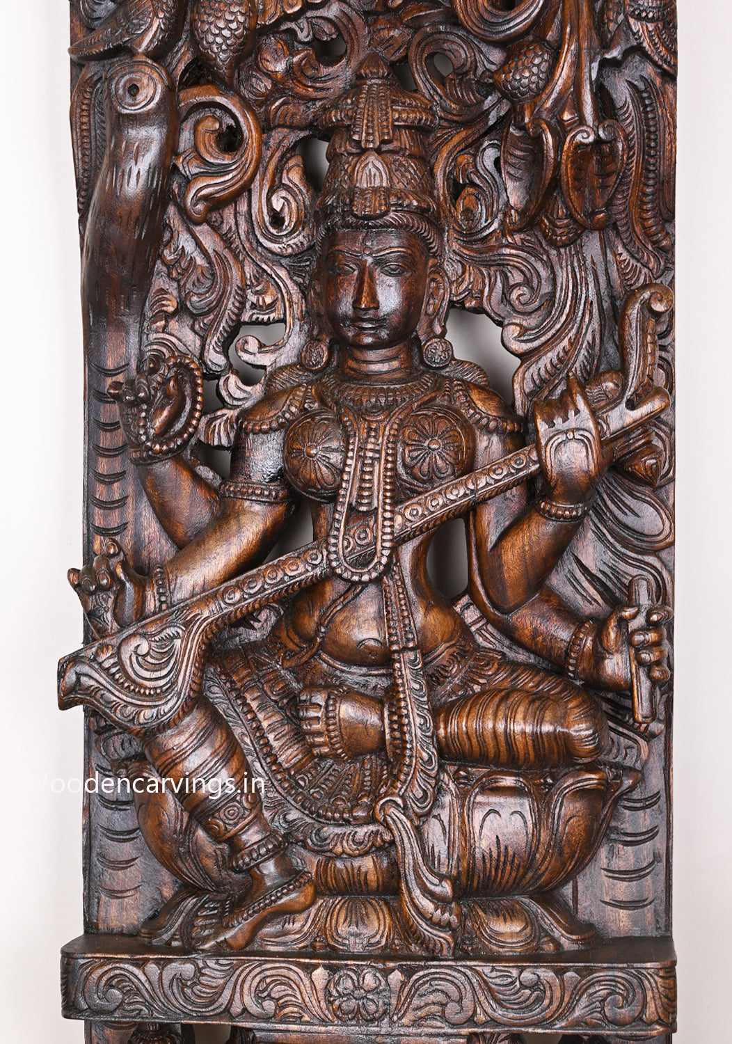 Detaily Carved Jali Work Of Goddess Saraswathi With Large Veena Decorative Home Decor Wall Mount 48"