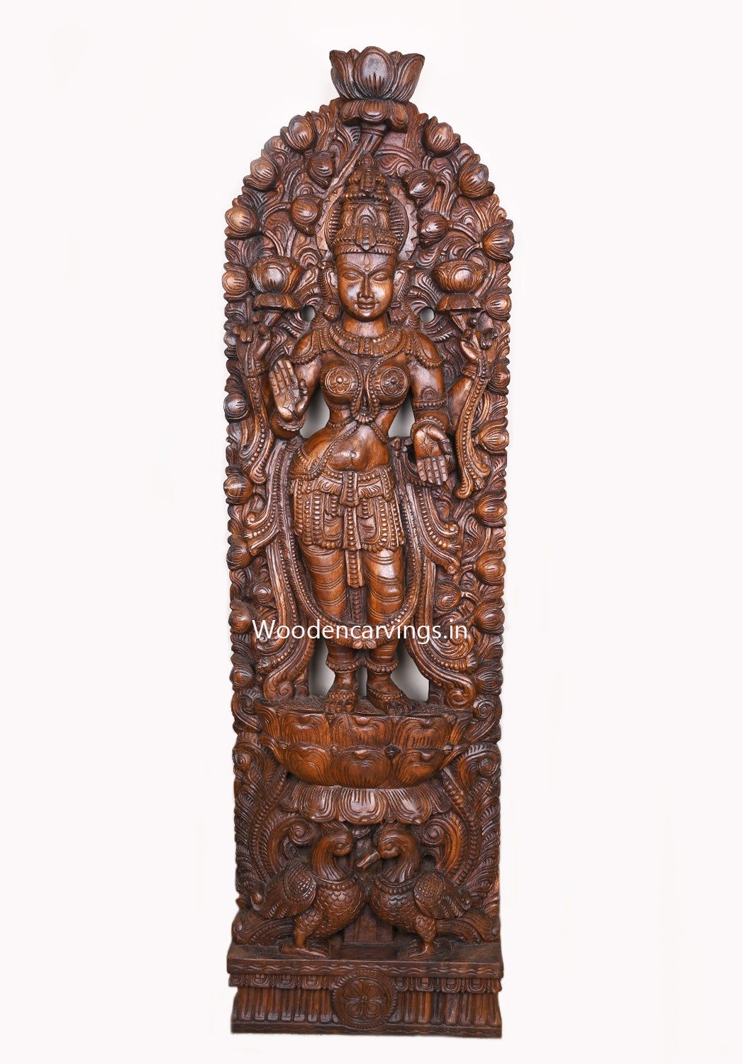 Outstanding Handmade Work of Goddess Maha Lakshmi Standing On Lotus and Blessing Wooden Jali Work Wall Mount 60"