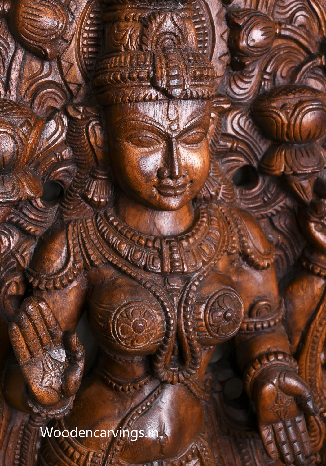 Outstanding Handmade Work of Goddess Maha Lakshmi Standing On Lotus and Blessing Wooden Jali Work Wall Mount 60"