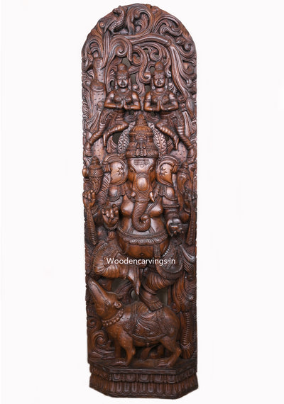 Dancing Ganapathy on Rat With Two Angels Entrance Decoration Wax Brown Finishing Jali Work Wooden Wall Mount 60"