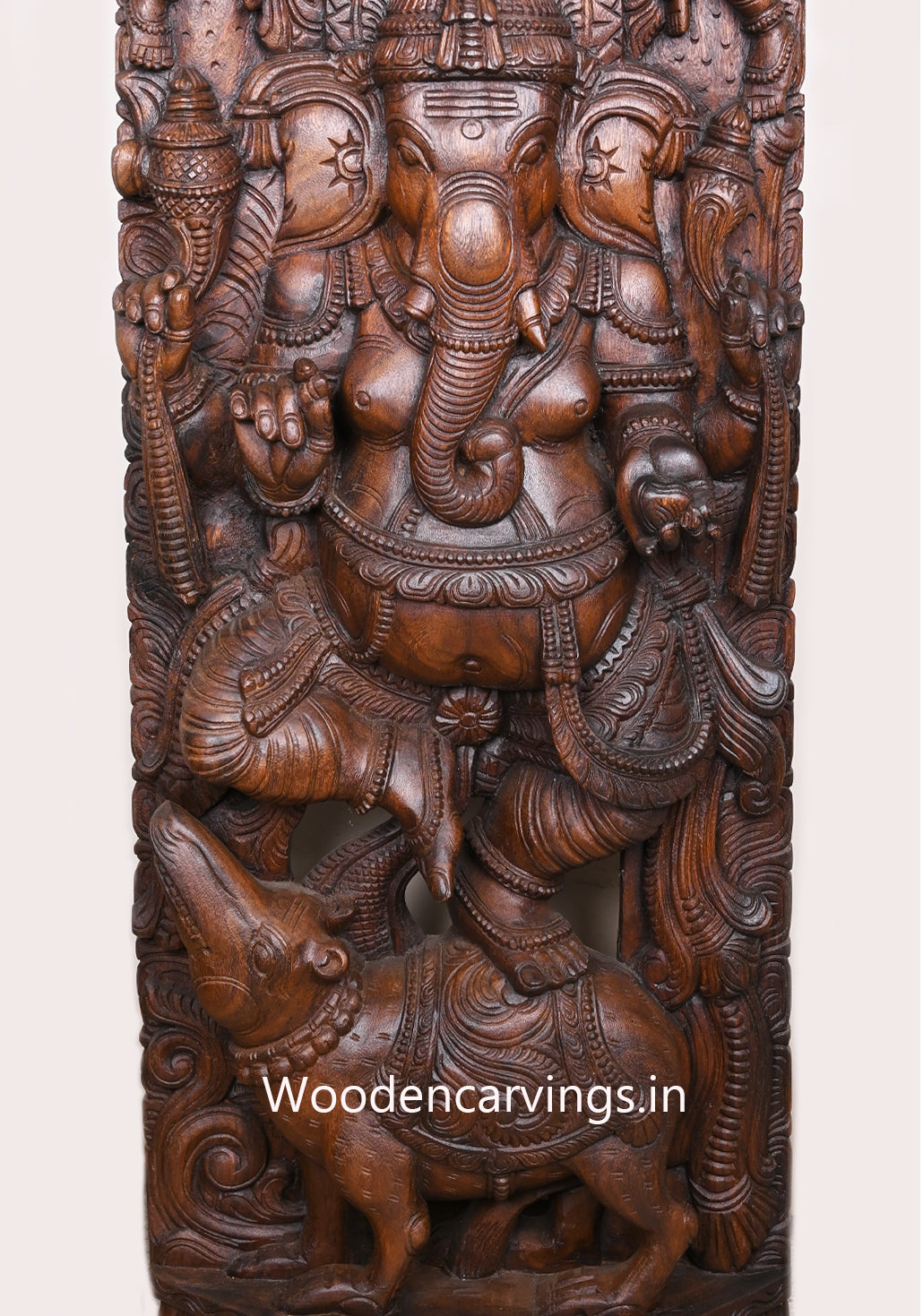 Dancing Ganapathy on Rat With Two Angels Entrance Decoration Wax Brown Finishing Jali Work Wooden Wall Mount 60"