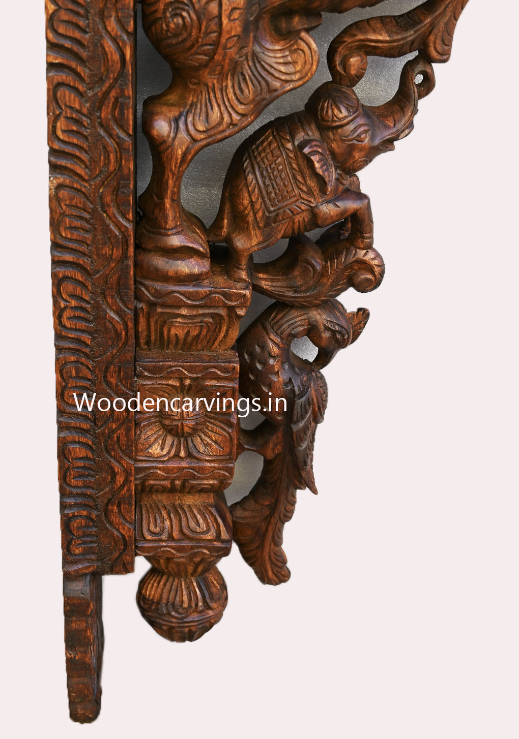 Wooden Paired Standing Wooden Yaazhi With Elephants and Parrots Decorative Handmade Vaagai Wood Wall Mount 43"