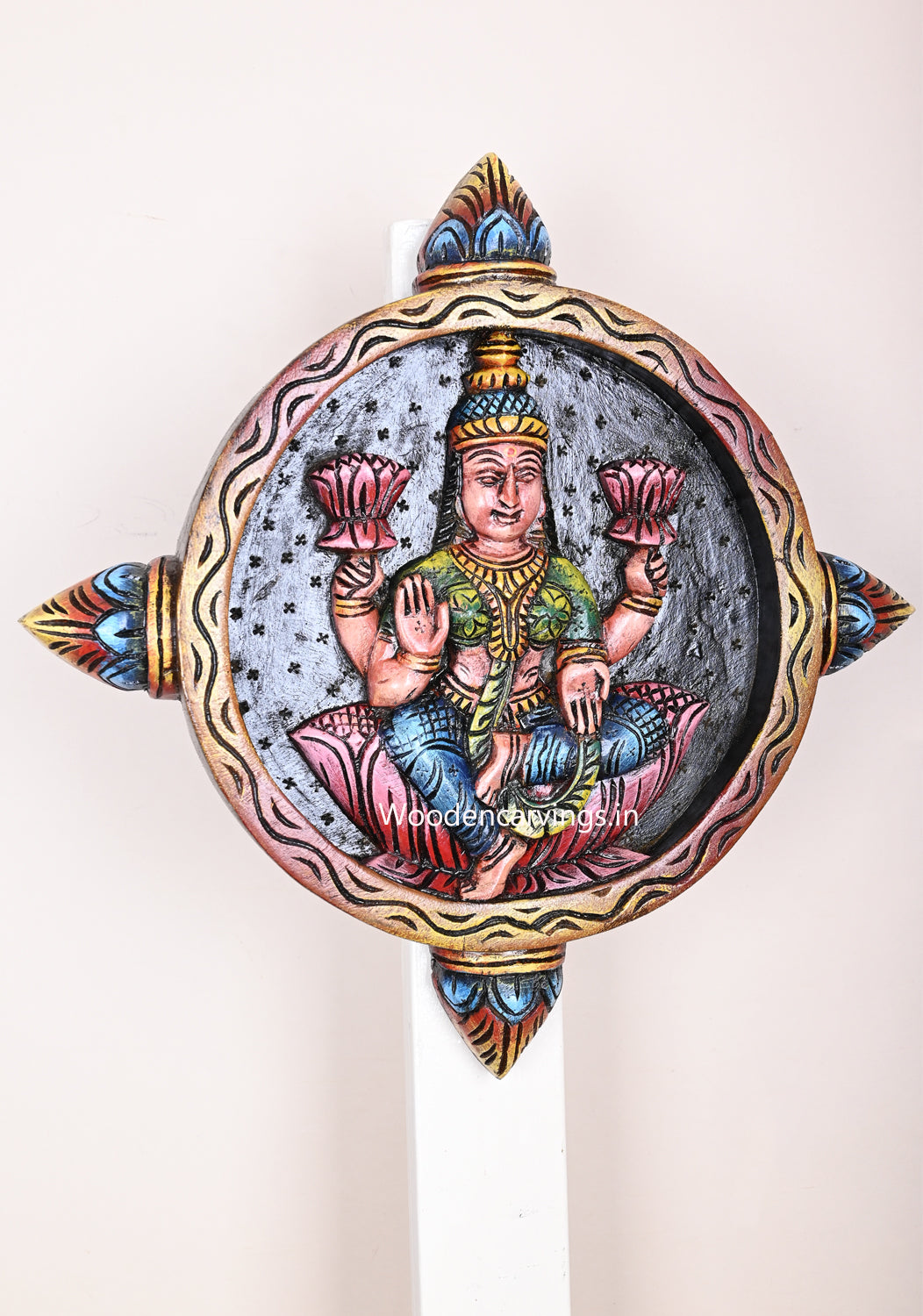 Round Petal Design Light Weight Multicoloured Goddess Lakshmi Handmade Wooden Wall Mount 17"