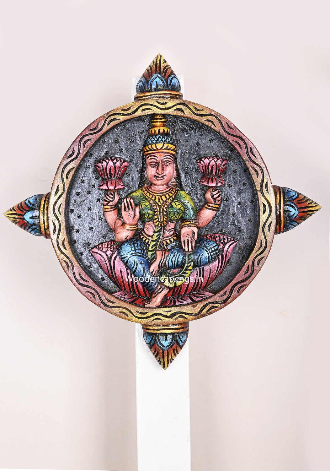 Round Petal Design Light Weight Multicoloured Goddess Lakshmi Handmade Wooden Wall Mount 17"