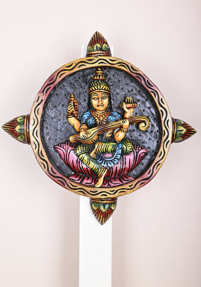 Round Petal Design Beautiful Goddess Saraswathi Holding Veena Light Weight Wooden Wall Mount 17"