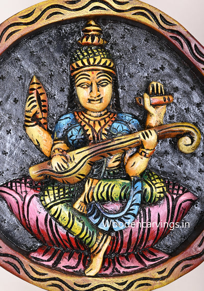 Round Petal Design Beautiful Goddess Saraswathi Holding Veena Light Weight Wooden Wall Mount 17"