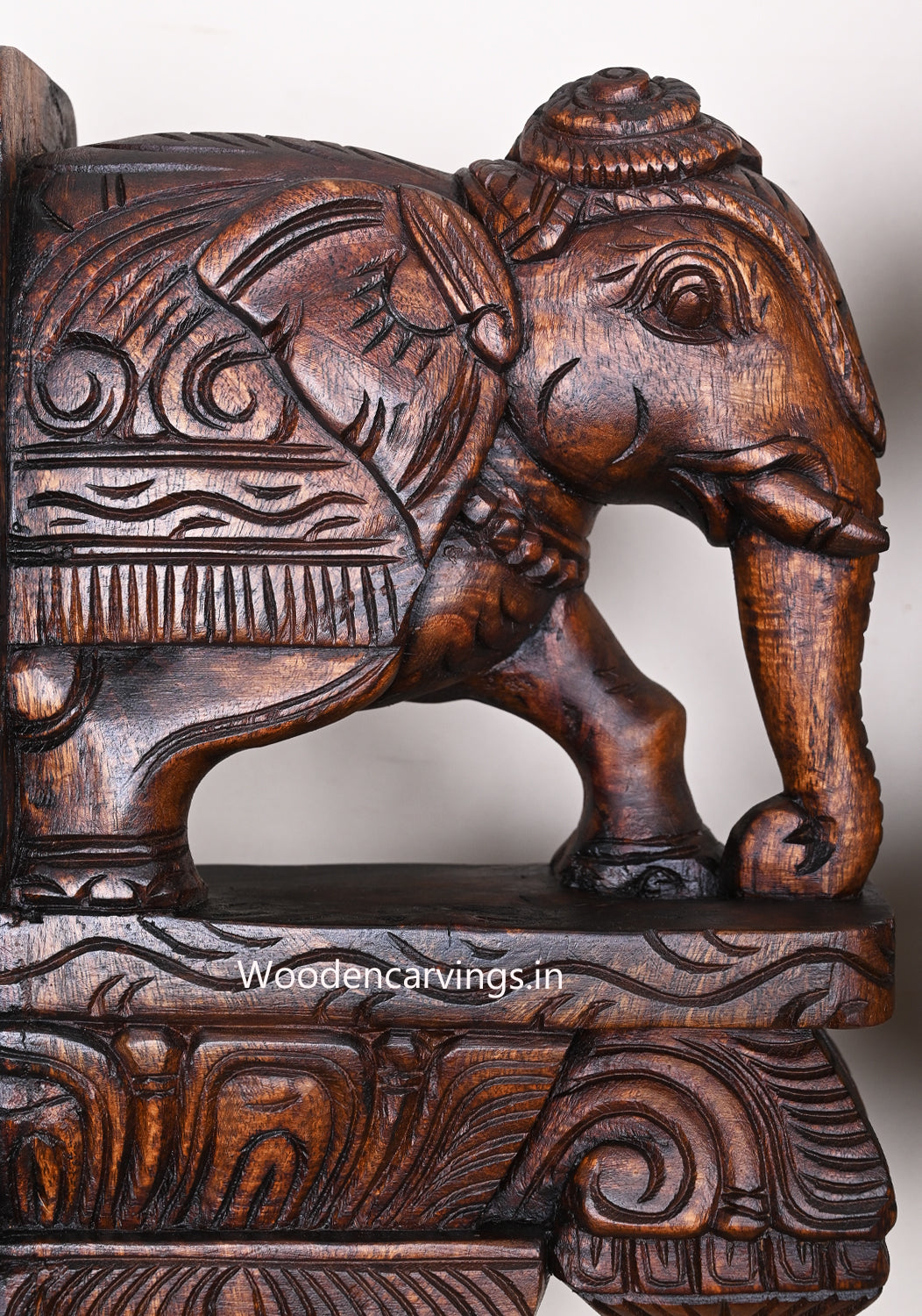 Light Weight Standing Wooden Handcraft Elephants Wax Brown Finishing Detaily Carved Wall Brackets 15"