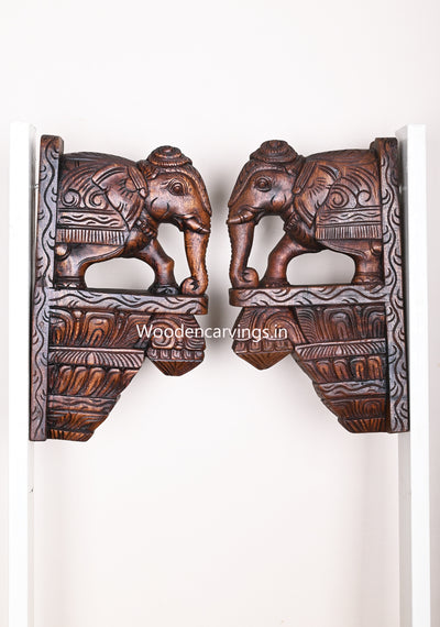 Light Weight Standing Wooden Handcraft Elephants Wax Brown Finishing Detaily Carved Wall Brackets 15"
