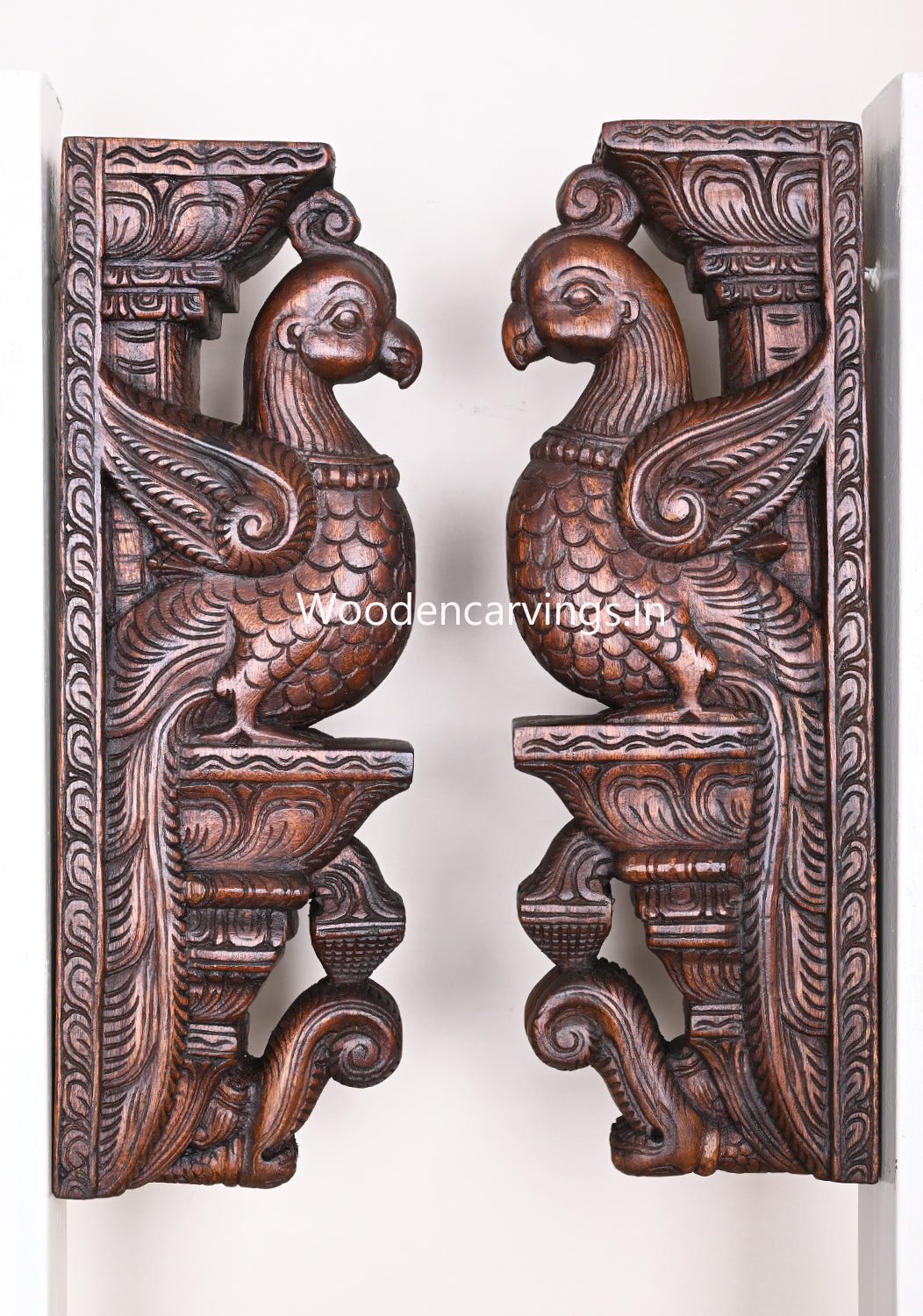 Design and Unique Standing Parrots Wax Brown Finishing Hooks Fixed Wall Hanging Wooden Wall Brackets 18"