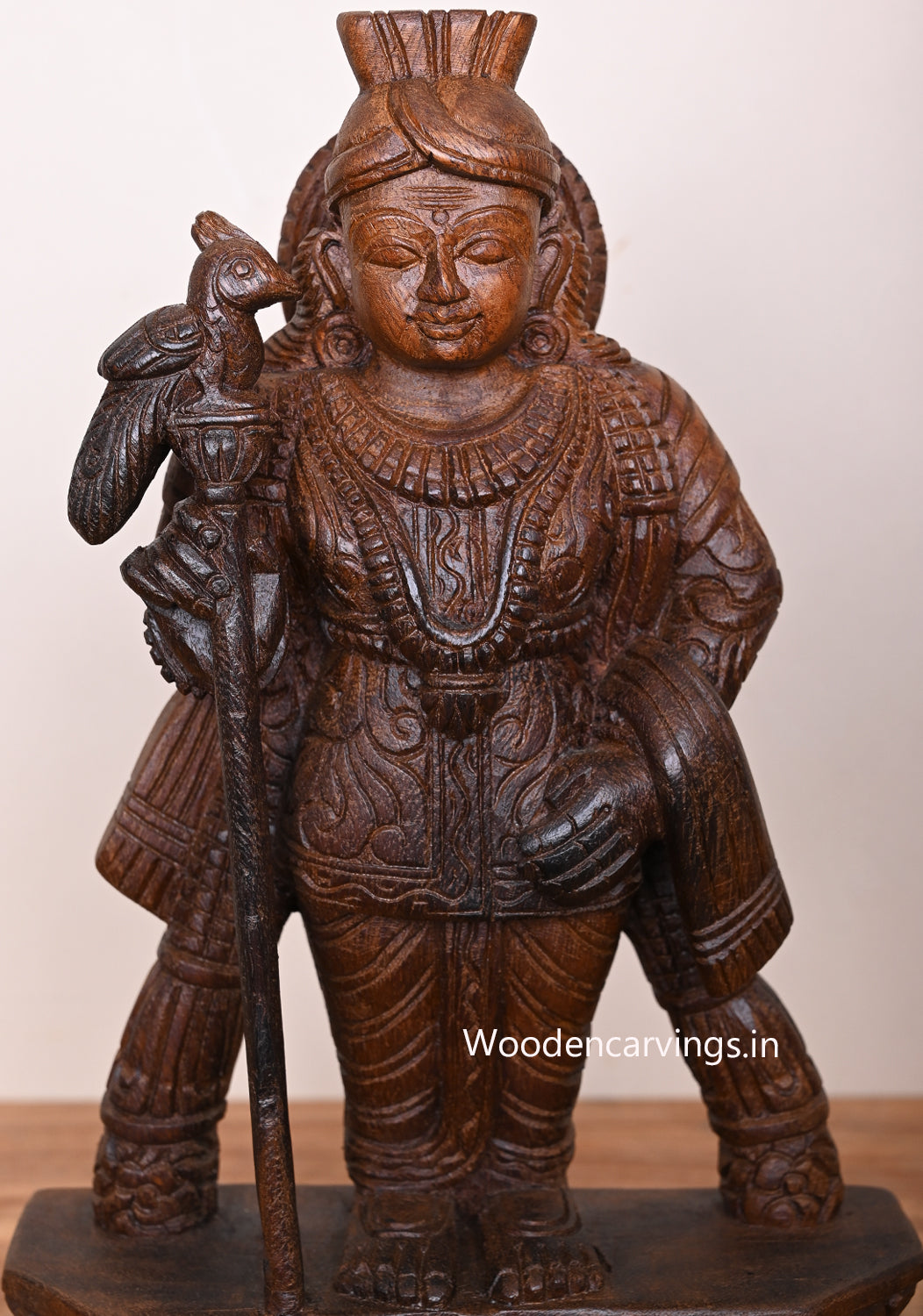 Standing Lord Muruga Holding Velayutha Light Weight Cute Small Pooja Room Decor Wax Brown Sculpture 13"