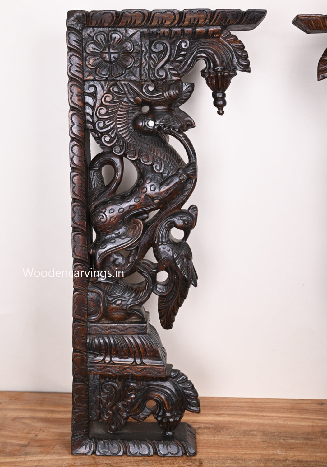Polished Fine Finishing Handmade Floral Design Hooks Fixed Yaazhi Paired Wooden Wall Brackets 32.5"