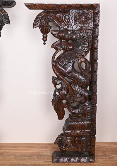 Polished Fine Finishing Handmade Floral Design Hooks Fixed Yaazhi Paired Wooden Wall Brackets 32.5"