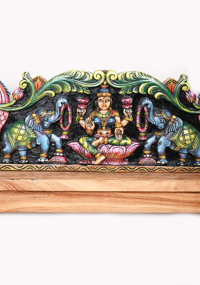 Goddess Gaja Lakshmi With Grey Coloured Elephants and Standing Hamsa Designed Coloured Wall Panel 35"