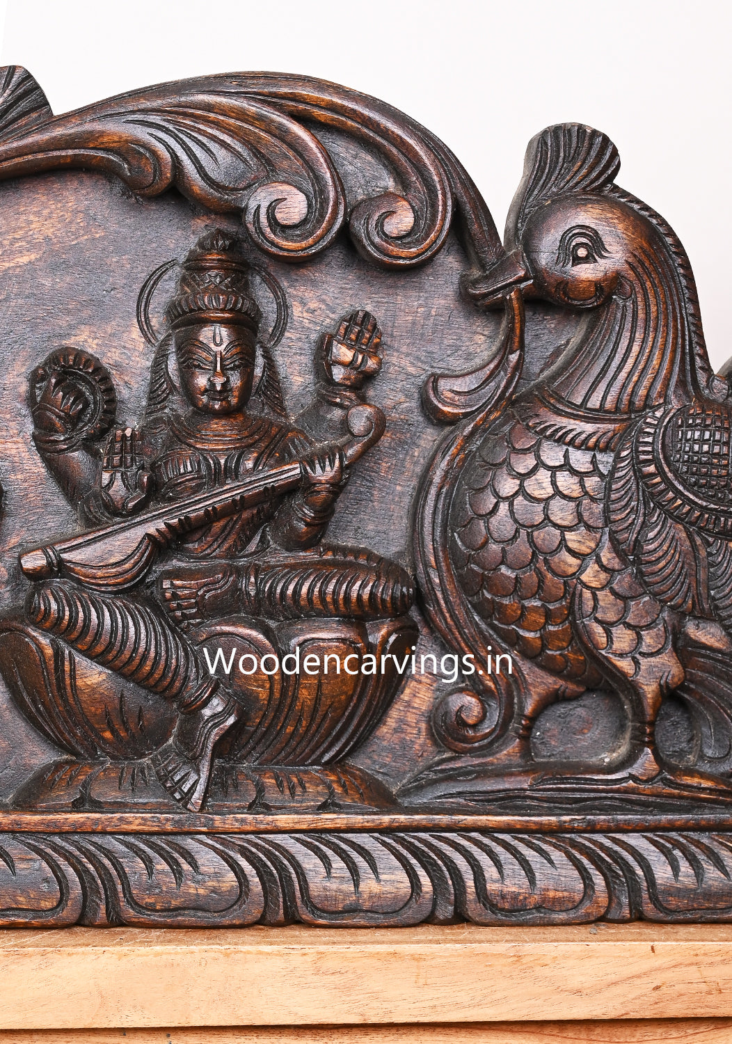 Gaja Ganesha With Goddess Lakshmi and Saraswathi Standing Hamsa Designed Horizontal Wax Brown Wall Panel 44.5"
