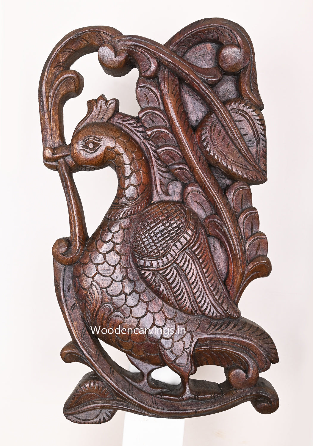 Decoration Purpose Peacock Standing on Floral Leaf Design Art Work Wooden Wax Brown Wall Mount 18"