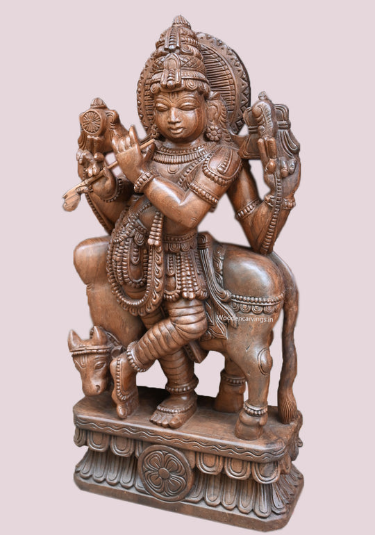 Fluting Shri Gopal Krishna Standing  Wooden Home Decor Sculpture 36"