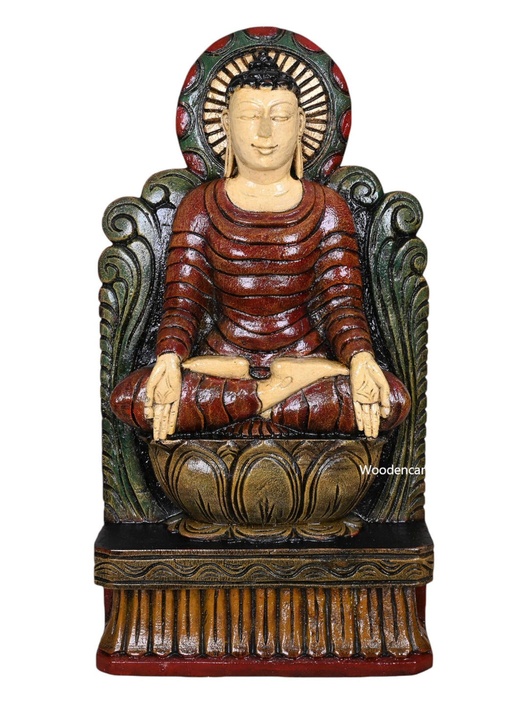 Lord Buddha Calmly Seated on Petal Lotus Bhumisparsha Mudra Handcrafted Wooden Light Weight Sculpture 18"