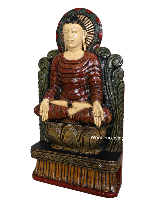 Lord Buddha Calmly Seated on Petal Lotus Bhumisparsha Mudra Handcrafted Wooden Light Weight Sculpture 18"