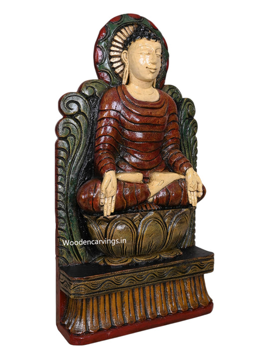 Lord Buddha Calmly Seated on Petal Lotus Bhumisparsha Mudra Handcrafted Wooden Light Weight Sculpture 18"