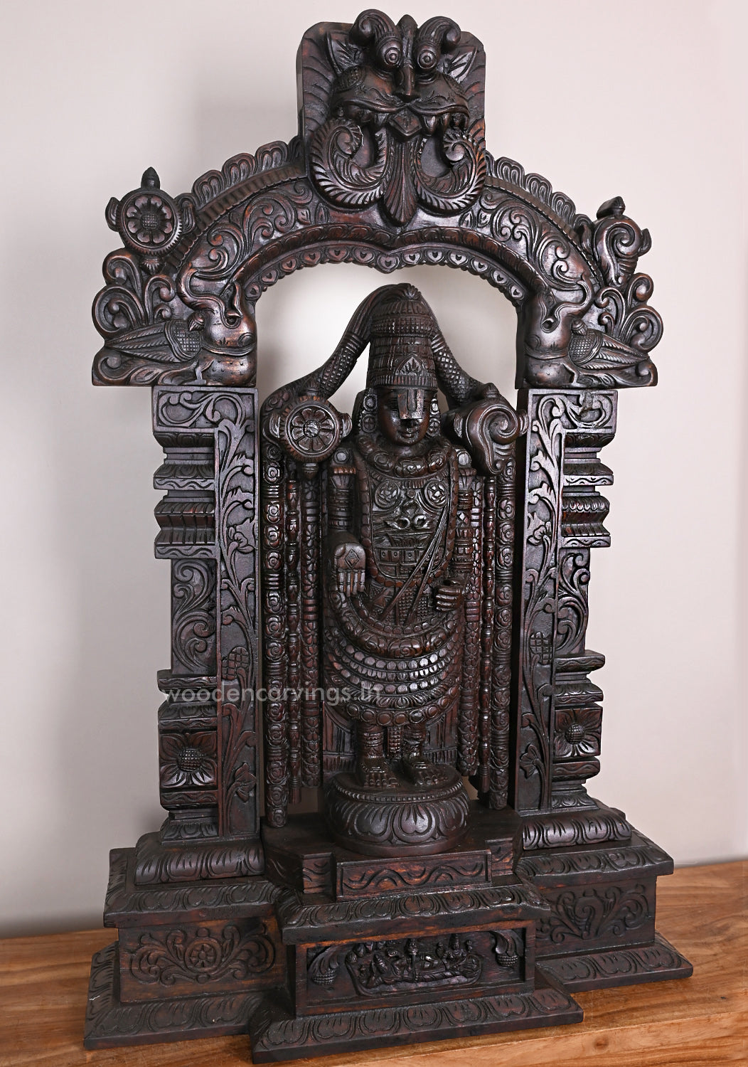 Base, Pillar, With Arch Lord Tirupathy Venkatajalapathy Standing Wooden Auspicious Beautiful Sculpture 43.5"