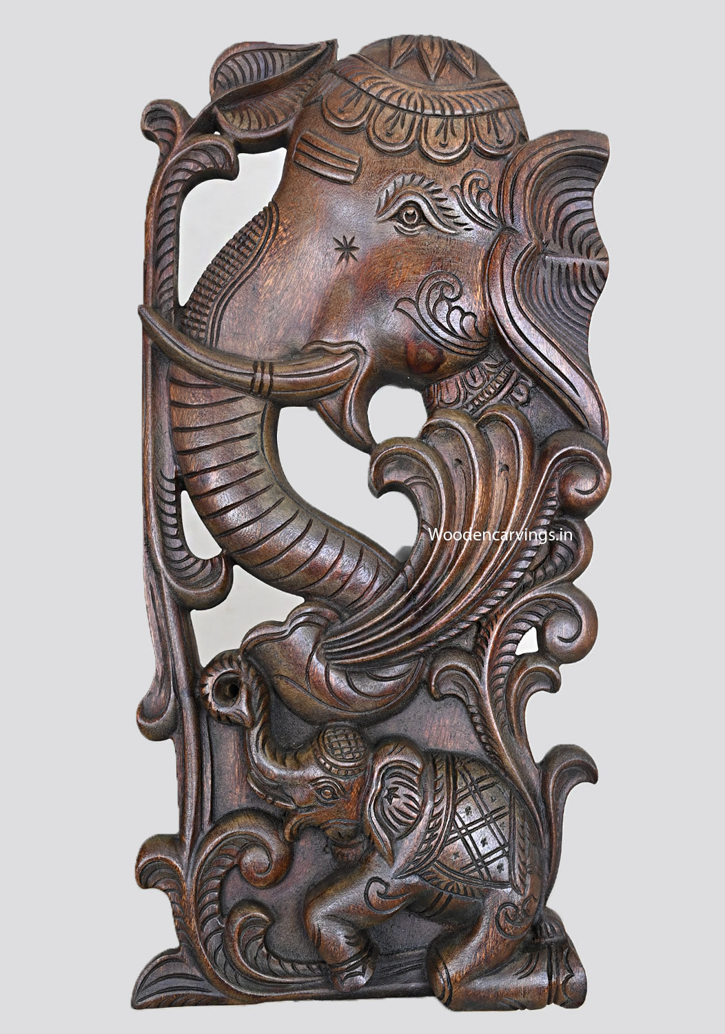 Vertical Wooden Elephant Hooks Fixed Wall Hanging Handmade Beautiful Artwork Wax Brown Finishing Wall Mount 24