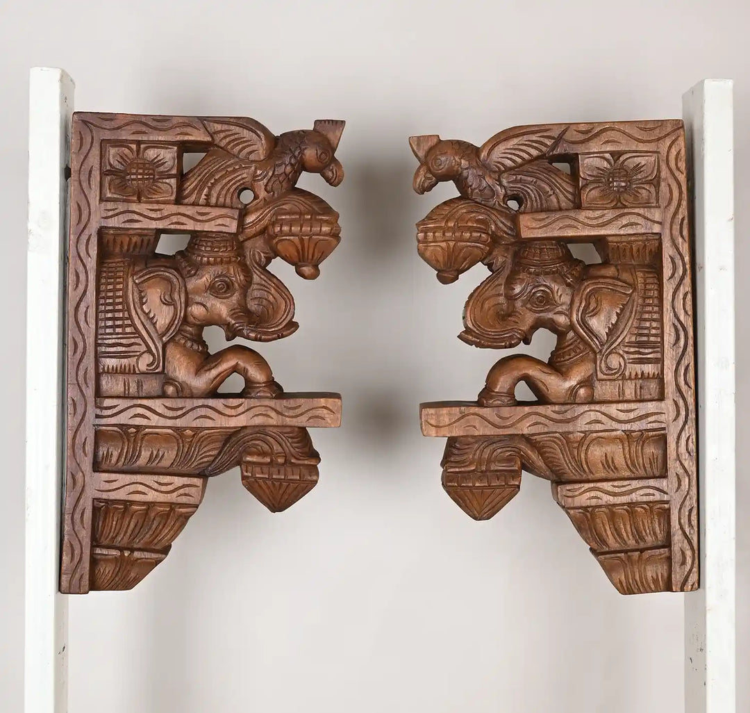Paired Elephant wooden wall brackets