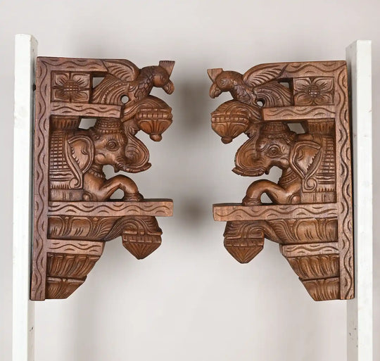 Paired Elephant wooden wall brackets