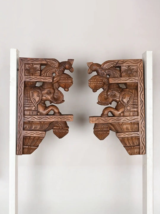 Paired Elephant wooden wall brackets