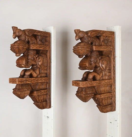 Paired Elephant wooden wall brackets