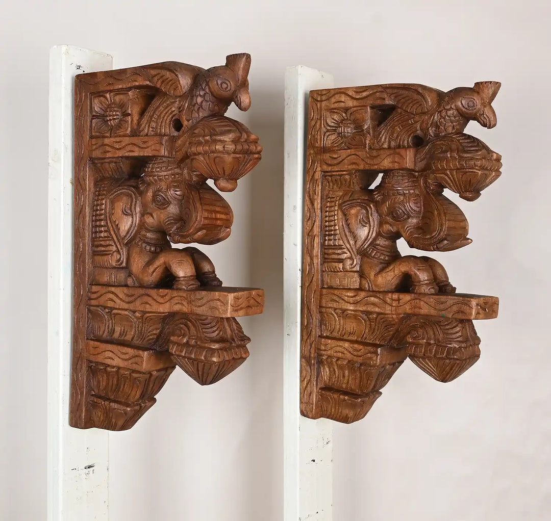 Paired Elephant wooden wall brackets